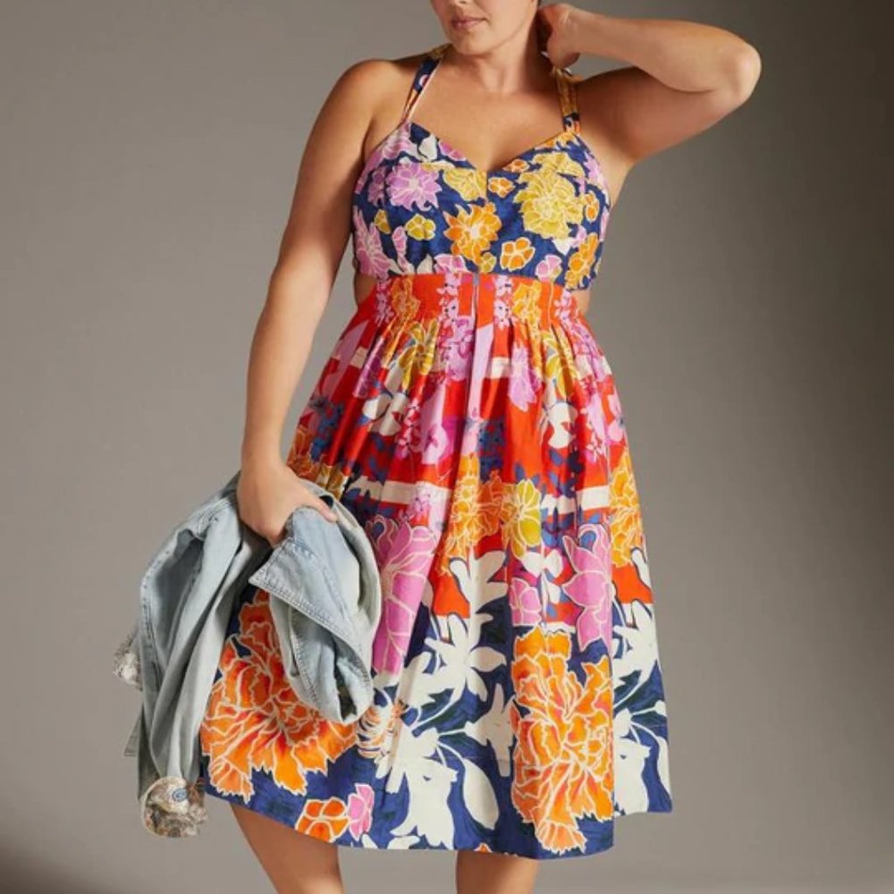 Anthropologie Navy Floral Halter Midi Dress with Pink, Yellow & Orange Blooms